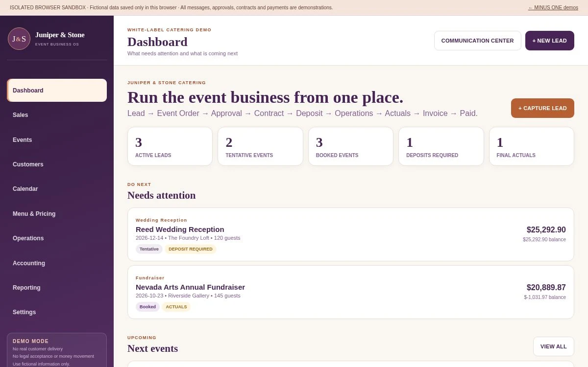Events & Hospitality demo screenshot